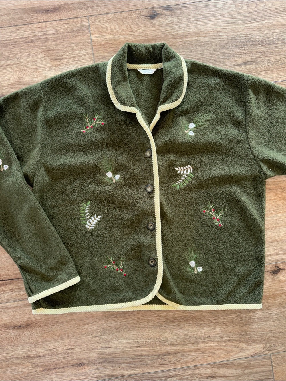 Embroidered Olive Green Women's Fleece Cardigan Sweater Fall Winter Christmas